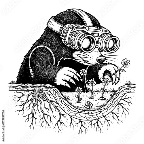 whimsical mole character with binoculars peeking from underground burrow in garden illustration