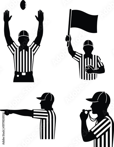 Collection of american football referee silhouettes showing signals like touchdown and penalty.