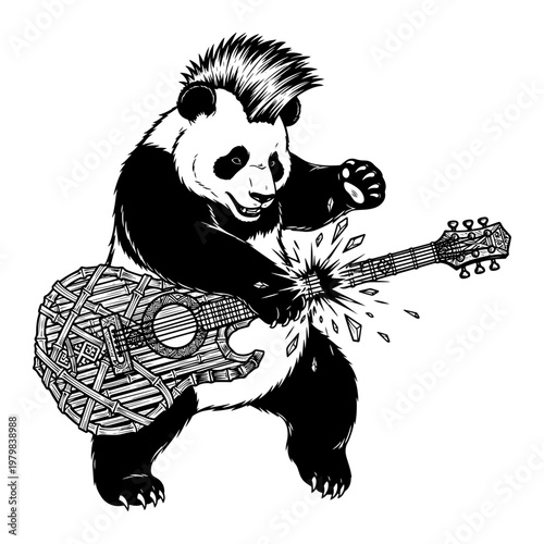 Punk rock panda playing electric guitar with spiky mohawk and plaid shirt in bold line art illustration