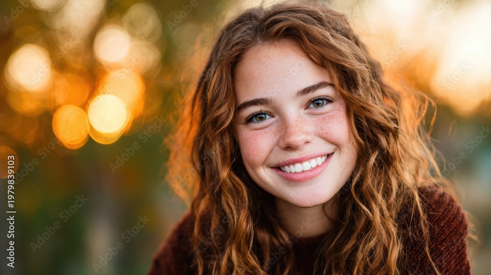 Naklejka premium A joyful girl with curly hair and freckles smiles beautifully, bathed in a warm golden sunset, capturing the essence of happiness and youth in a natural setting.