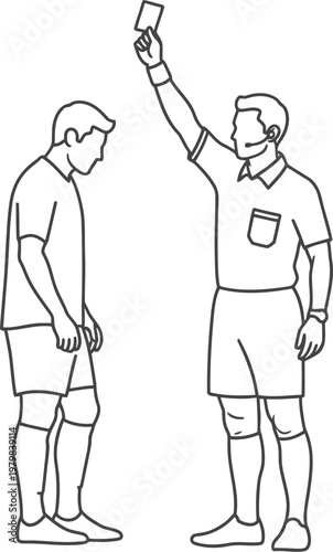 Line drawing of a referee showing a penalty card to a soccer player during a match.
