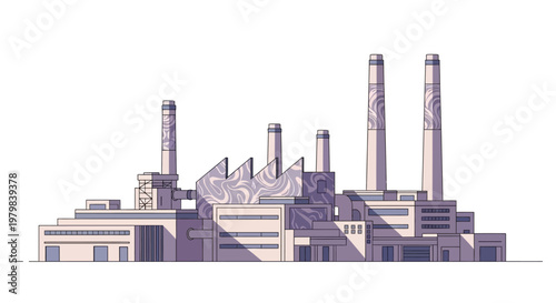 Industrial Power Plant with Multiple Chimneys and Buildings.