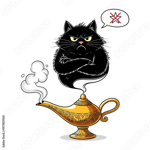 Angry black cat with magic lamp and smoke concept illustration for bad luck or superstition