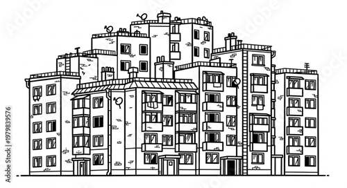 Sketch of a densely packed apartment building complex.
