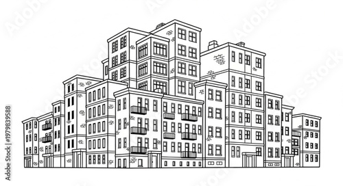 Sketch of a densely packed apartment building complex.