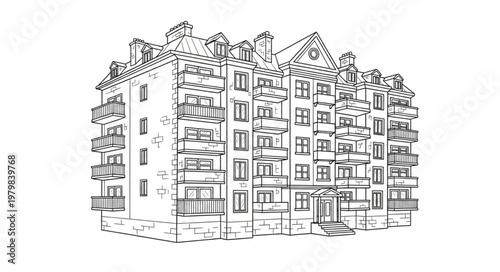 Sketch of a large apartment building with balconies and windows.