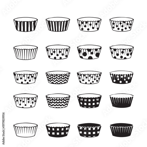Cupcake Liners Assortment: Striped Polka Dot Chevron Patterns Isolated on WhiteHand-Drawn Style