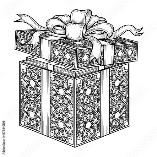 Elegant gift box with ornate geometric pattern and silver ribbon bow on white background