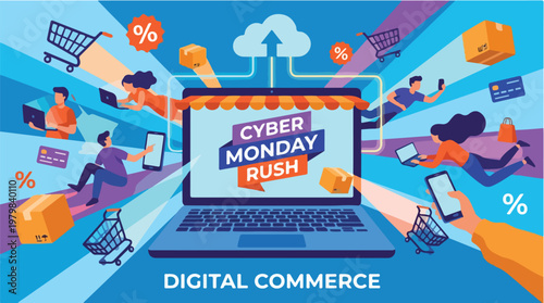 Cyber Monday Rush Digital Commerce Illustration Vector Graphic Online Shopping Discounts and Sales Concept