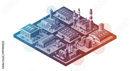 Isometric industrial complex with multiple factories and buildings.