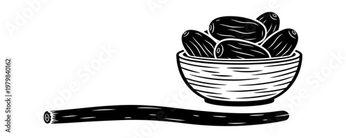 hand-drawn sketch of wooden bowl filled with fresh zucchini and chopsticks on plain background