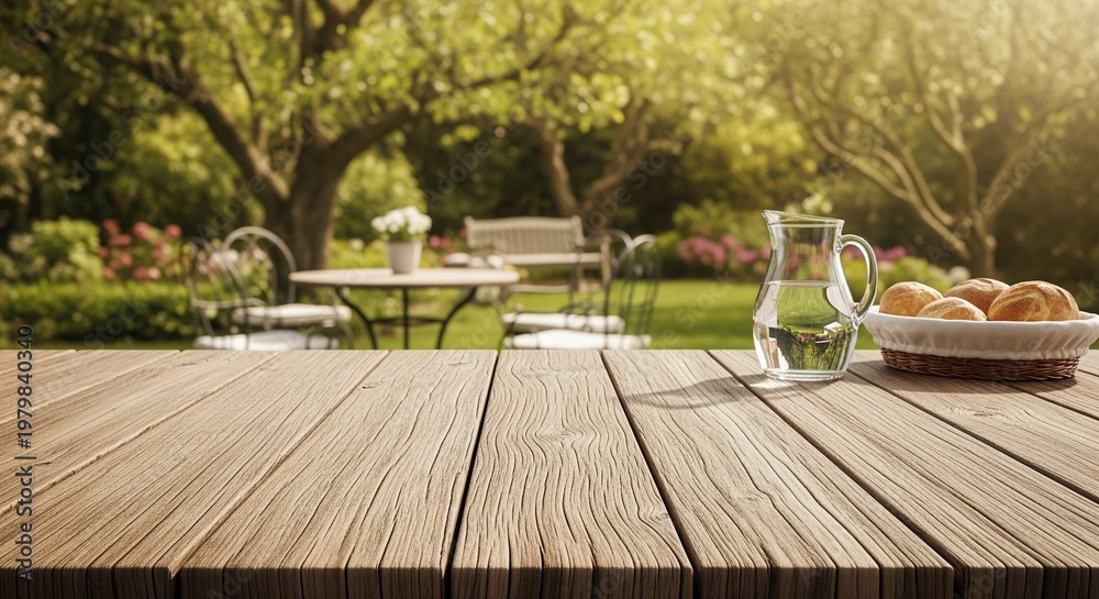 Fototapeta premium Wooden deck table with fresh bread and water pitcher overlooking lush garden with green trees and flowering plants. Perfect for outdoor entertaining and garden design inspiration.