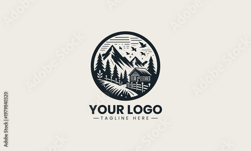 Rustic mountain cabin landscape vector logo is designed with pine trees and wooden fence for outdoor adventure branding