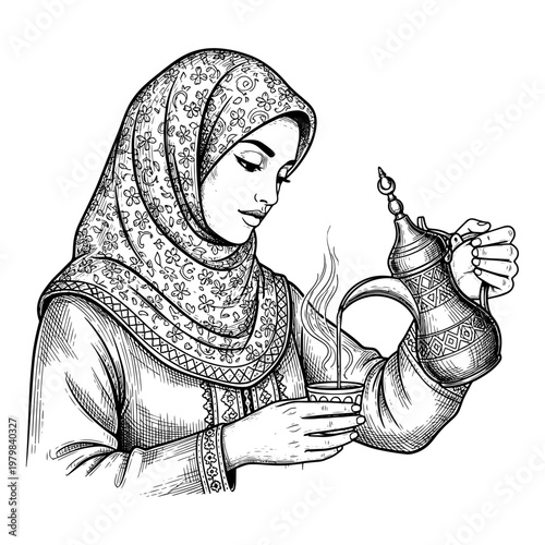 Woman in traditional hijab pouring aromatic spice from ornate brass dallah teapot, cultural heritage illustration