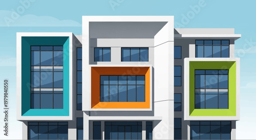 Modern Building Facade with Colorful Geometric Accents.
