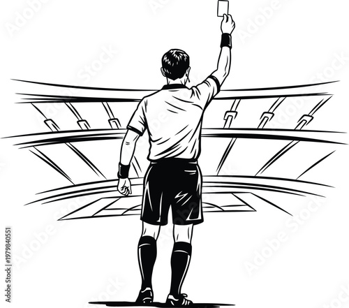 A black and white sketch of a football referee holding up a card in a stadium.