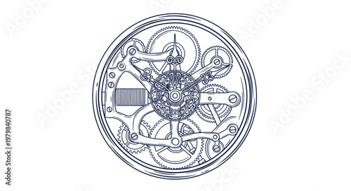 Vintage Watch Mechanism Drawing, Intricate Gears and Clockwork, Detailed Illustration