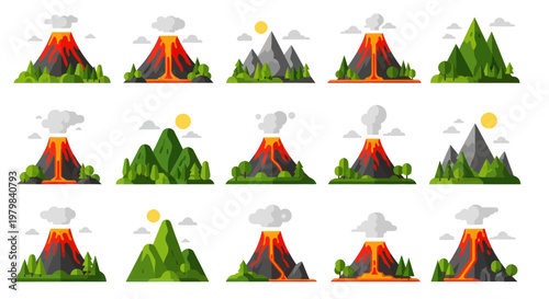 Volcano Eruption and Mountain Landscape Set - Flat Design