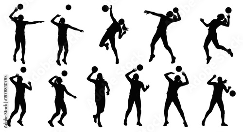 Volleyball Player Silhouettes Set: Serve, Spike, Jump, Action Poses