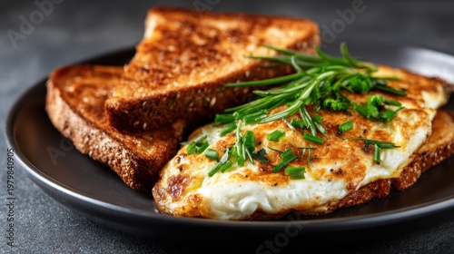 An appetizing presentation of a fluffy omelette garnished with fresh herbs, served alongside crispy whole grain toast, showcasing comfort food at its finest in a warm setting.
