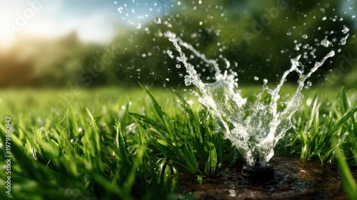 A close-up view of a water sprinkler spraying refreshing water into a lush green lawn, capturing the beauty of nature and the vitality of well-kept gardens on a sunny day.
