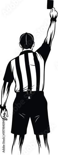A black and white illustration of a sports referee holding up a penalty card during a game.