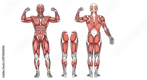 Anatomical Illustration of Human Muscular System, Front, Back, and Legs