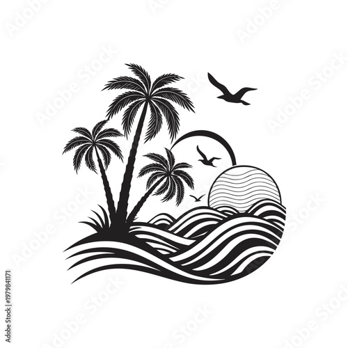 Black and white tropical beach scene with palm trees and sunset isolated on white background
