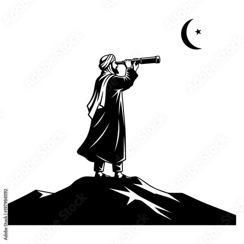 Silhouette of astronomer stargazing with telescope under crescent moon on mountain peak