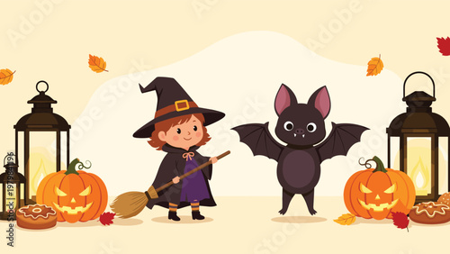 Cute little girl in a witch costume holding a broomstick standing next to a friendly bat, pumpkins, and lanterns for Halloween.