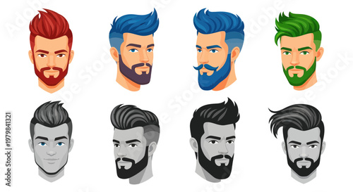 Diverse Male Hairstyles and Beards: Trendy Grooming Collection