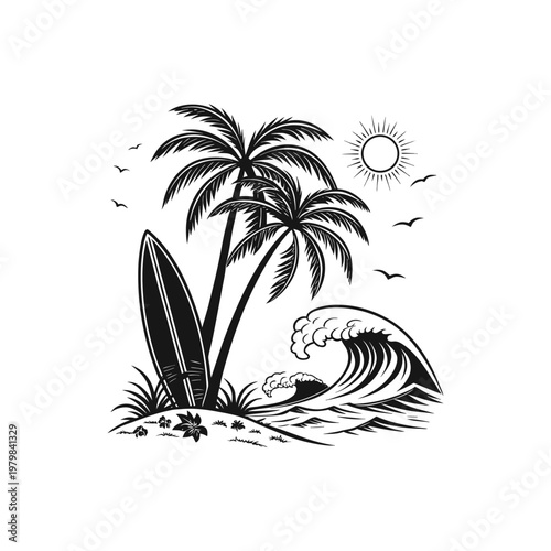 Black and white illustration of a tropical beach scene with surfboard, palm trees, and ocean wave on a sunny day