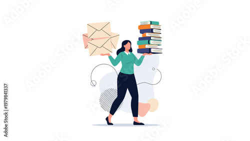 Professional woman walking while balancing a stack of envelopes in one hand and a stack of books in the other hand.