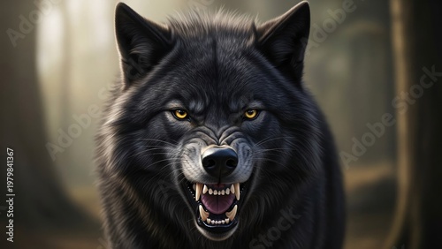 Intense Black Wolf in Forest with Fierce Expression and Bared Teeth for Wildlife Nature Adventure and Predator Wildlife Photography