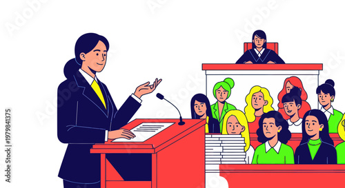 Female lawyer arguing case in courtroom before judge and jury