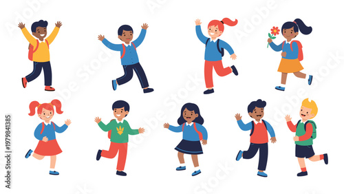 Collection of diverse and happy school children with backpacks jumping and playing for back to school and education concept.