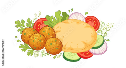 Fresh Falafel Platter with Pita Bread, Vegetables, and Salad