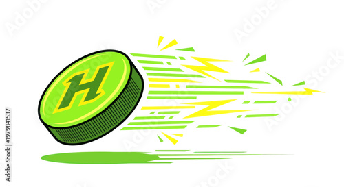 Green Hockey Puck Flying Fast with Motion Lines and Lightning Bolts