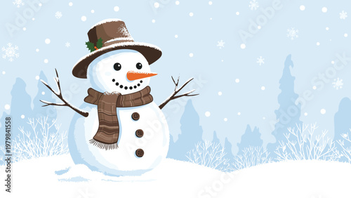 Friendly snowman wearing a brown hat and scarf smiles during a gentle snowfall in a winter forest with blue trees.