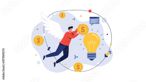 Angel investor with wings flies toward a large glowing lightbulb to provide financial funding for a creative business idea.
