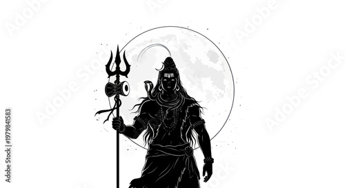 Lord Shiva Silhouette with Trident and Moon, Hindu God Art
