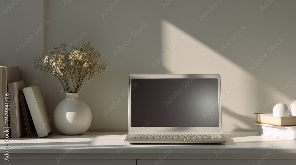 Fototapeta premium Minimalist Workspace with Laptop and Decorative Elements in Sunlight