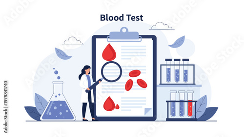 Medical researcher examines blood test results on a clipboard surrounded by laboratory equipment and red blood cells.