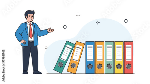 Smiling businessman stands next to a row of organized ring binders of different colors to show efficient management.