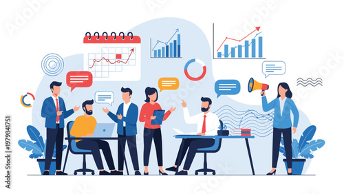 Corporate team holds a productive meeting with charts, a calendar, and a megaphone to discuss strategy and goals.