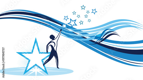 Stylized silhouette of a person reaches for shimmering stars amidst abstract blue waves of radiant light and energy.