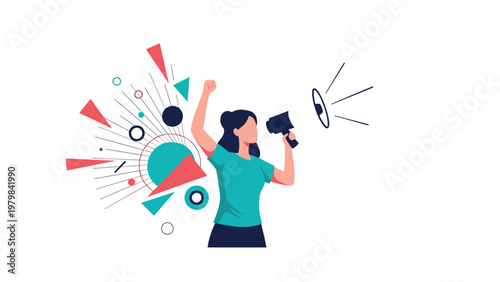 Strong woman speaks into a megaphone against an abstract background of colorful geometric shapes to show activism.