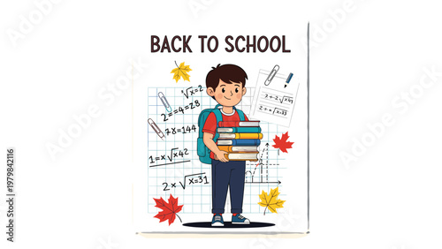 Schoolboy with a backpack and a tall stack of books stands in front of a chalkboard with math and physics equations.