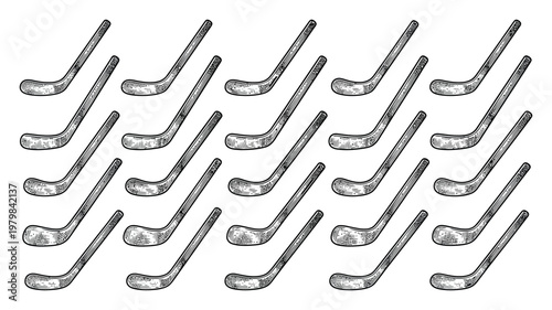 A Pattern of Vintage Hockey Sticks in a Sketchy Style