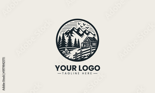 Rustic mountain cabin landscape vector logo is designed with pine trees and wooden fence for outdoor adventure branding